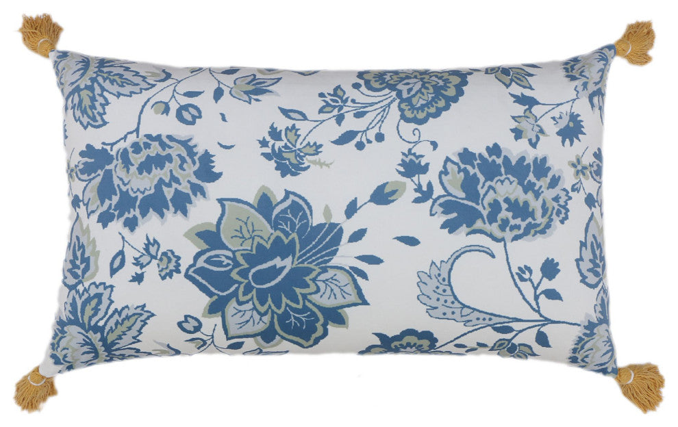 Blue & White Machine Woven with Tassels Nadine Throw Pillow, 16" x 26"