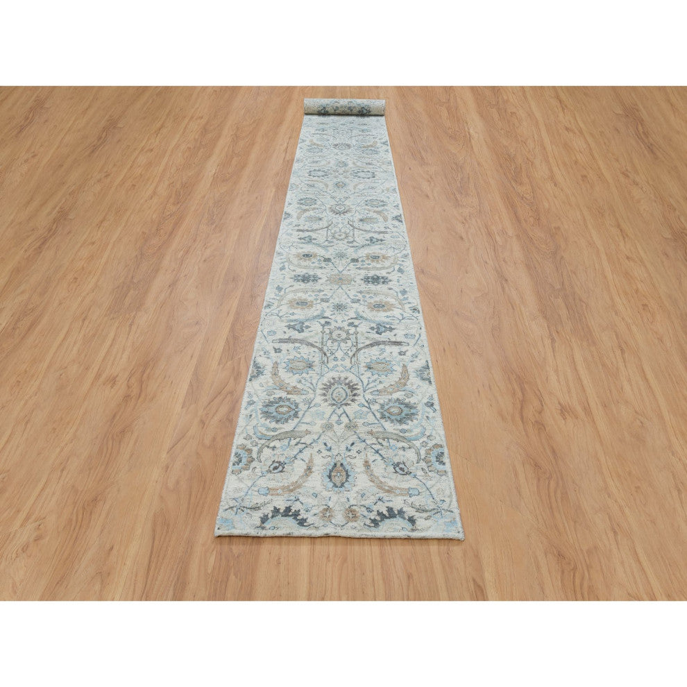 Ivory Sickle Leaf Design Silk With Wool Hand Knotted XL Runner Rug, 2'6"x20'0"