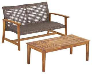 Spring Spender Outdoor Wicker Loveseat, Coffee Table Set, Mixed Mocha, Natural