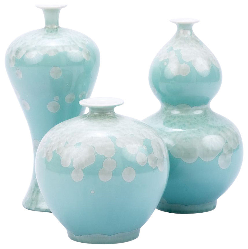 Chinoiserie Green Crystal Shell Porcelain Vases, Set of 3