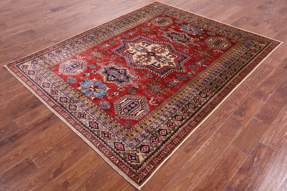 Hand Knotted Geometric Super Kazak Rug 5' 10" X 7' 6" Q10626