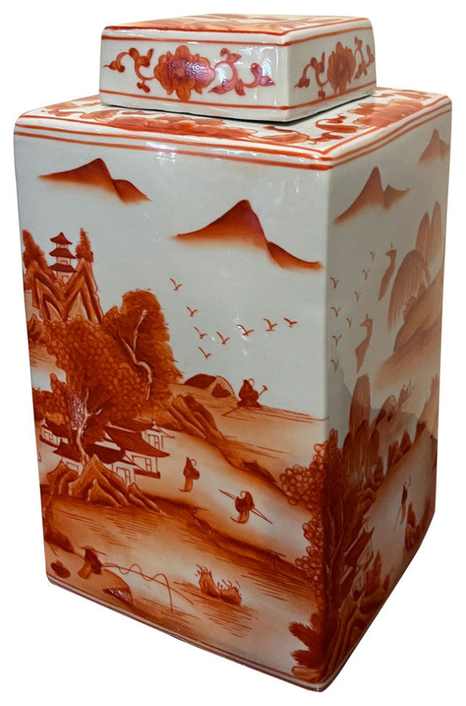 Red Orange Porcelain Scenery Chinese Tea Jar