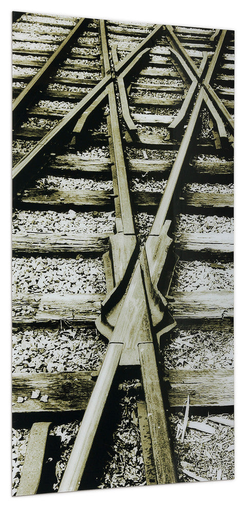 "Crossroads" Train Tracks Wall Art Frameless Free Floating Tempered Glass 72"x36