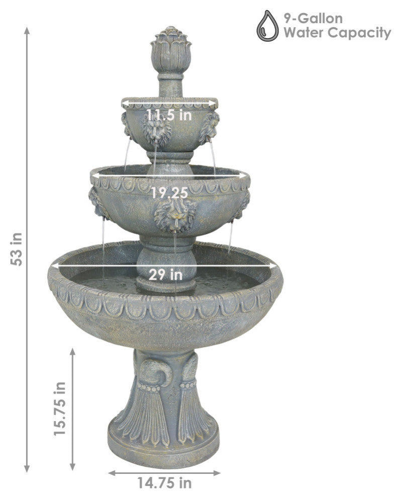 Sunnydaze 4-Tier Lion Head Outdoor Water Fountain Backyard Patio Feature - 53"