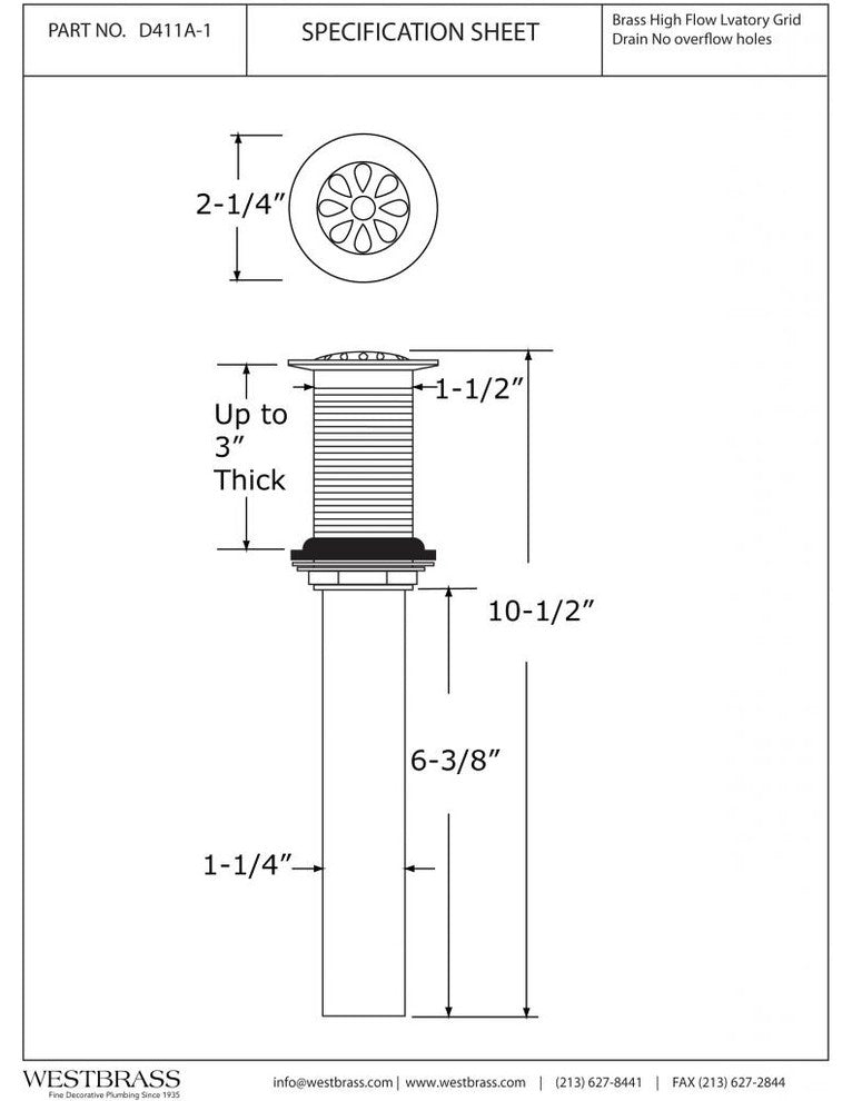 High-Flow Grid Lavatory Drain Without Overflow Hole, Exposed Powder Coated White