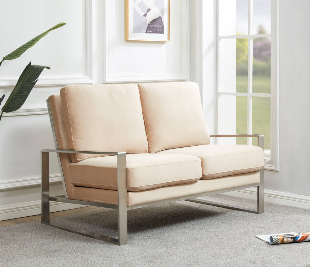 LeisureMod Jefferson Modern Design Velvet Loveseat With Silver Frame, Beige
