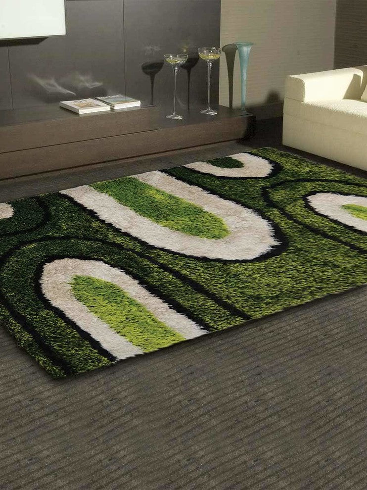 Modern Shaggy Hand Tufted Oriental Shag Area Rug, Green, 5x8'