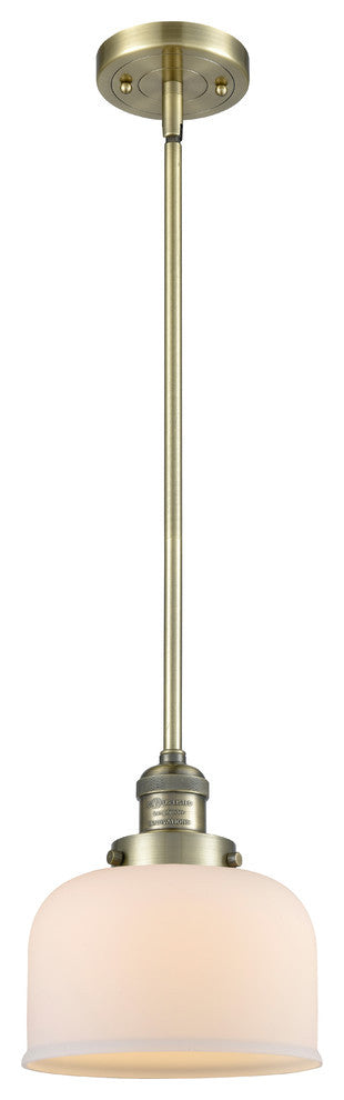 1-Light Large Bell 8" Pendant, Antique Brass, Glass: Matte White Cased
