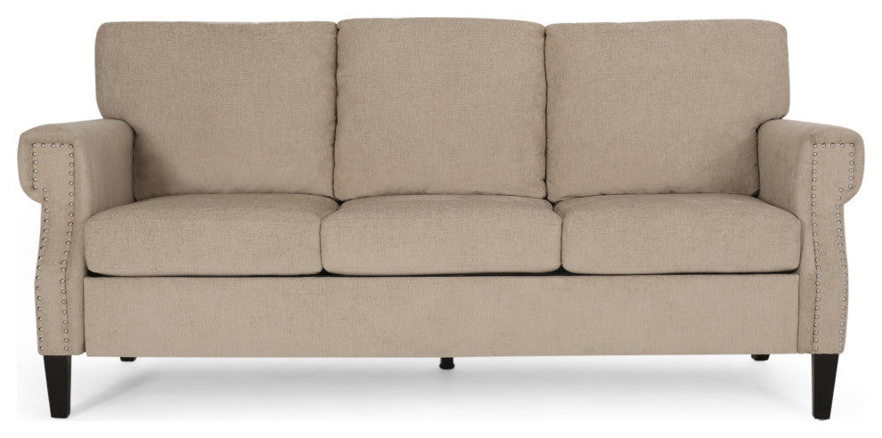 Dobles Contemporary Fabric 3-Seater Sofa, Nailhead Trim, Sand/Dark Brown