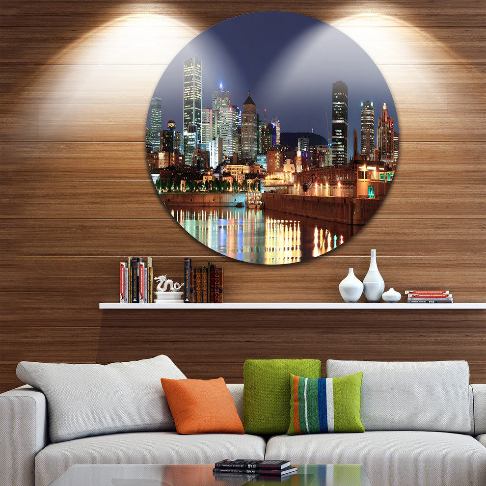 Bright Montreal At Dusk, Cityscape Photography Disc Metal Wall Art, 36"