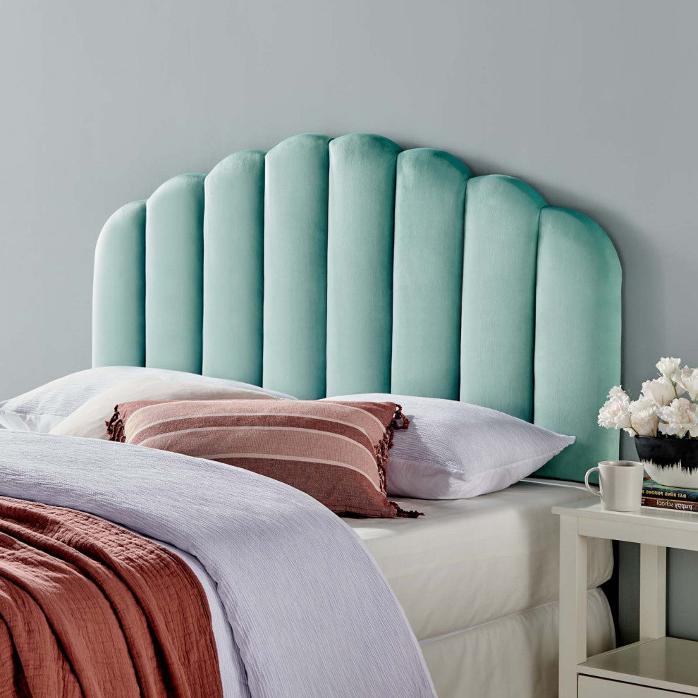 Headboard, Full Queen Size, Velvet, Blue, Modern Contemporary, Bedroom Master