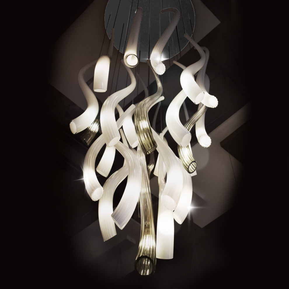 Hand Blown Murano Glass Chandelier, Nickle Canopy, 84" Long