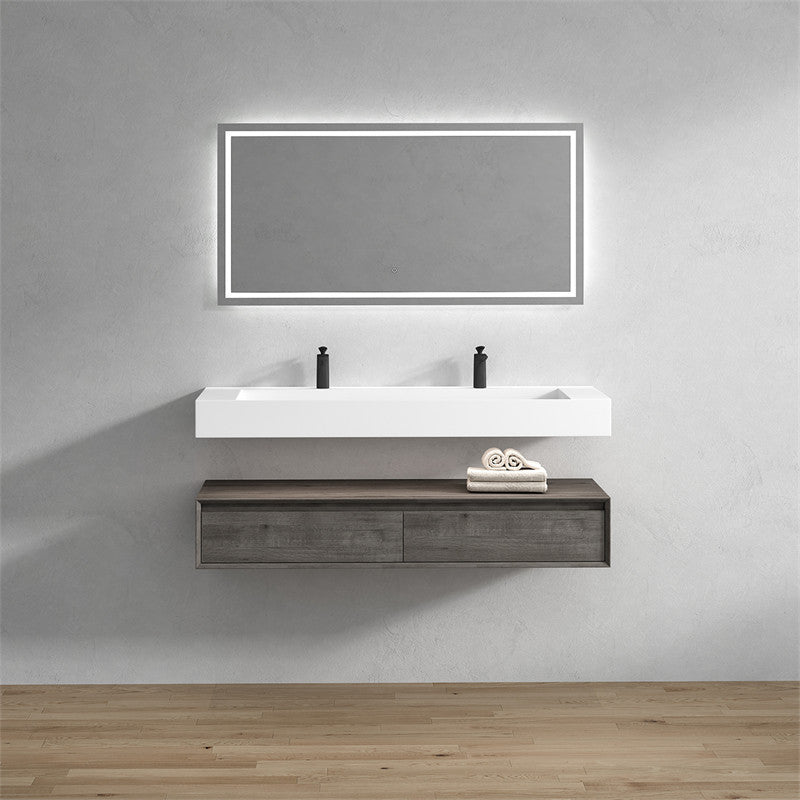 Alysa 60'' Floating Vanity, Acrylic Sink, Double Faucet Hole, Smoke Oak