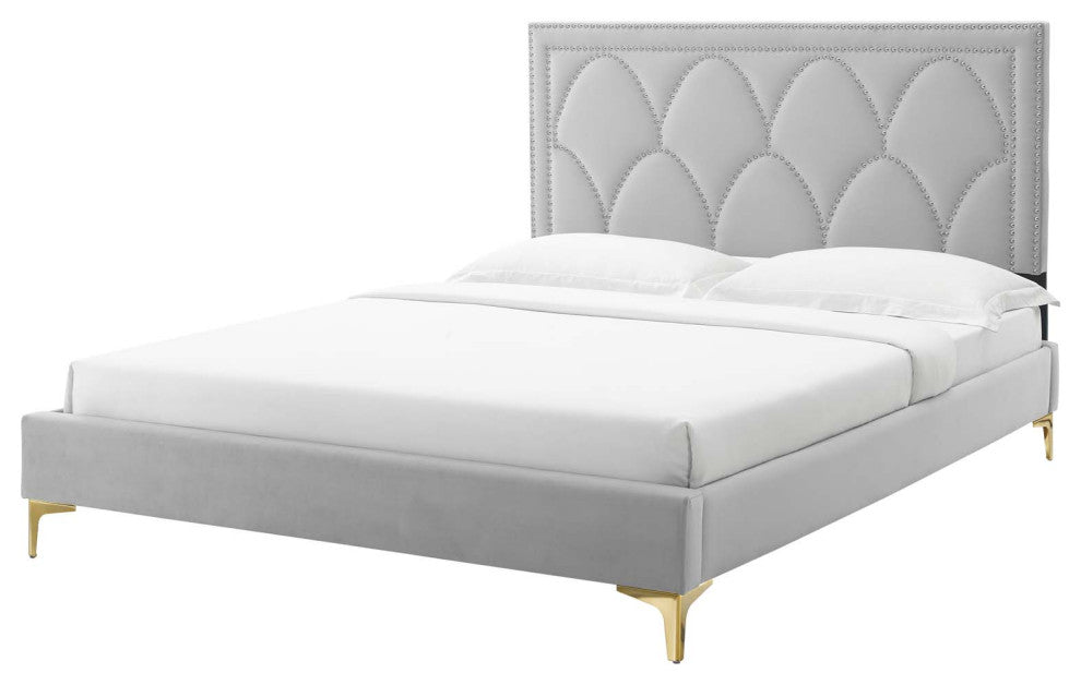Platform Bed Frame, Nailhead, Queen Size, Gray, Velvet, Modern