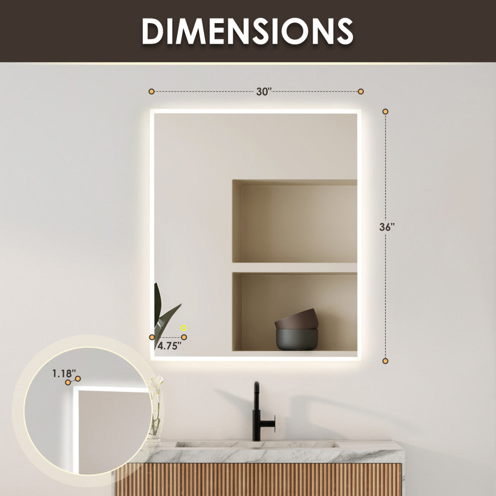 Aurora Framelesss Anti-Fog Dimmable LED Lighted Wall Mirror, No Frame, 36"