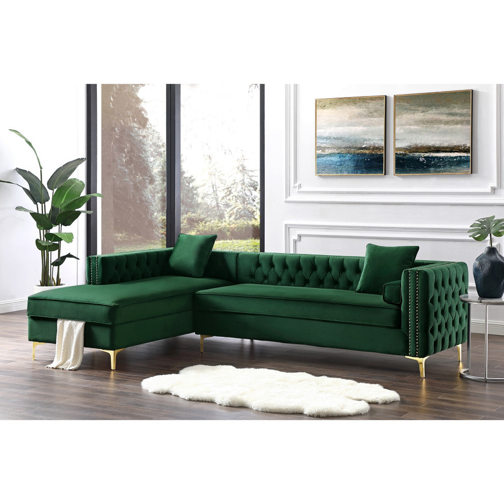 Jeannie Velvet Tufted With Nailhead Trim Sectional, Hunter Green, Left Facing