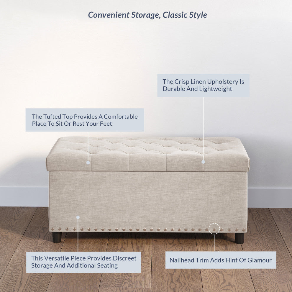 35" Storage Ottoman, Button-Tufted Linen Storage Bench - Beige