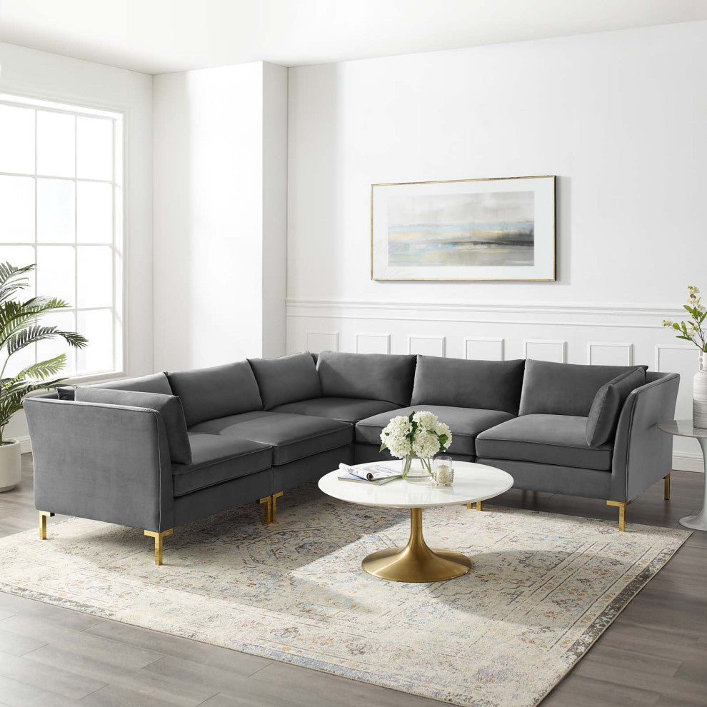 Sectional Sofa Set, Velvet, Gray, Modern, Living Lounge Hotel Hospitality