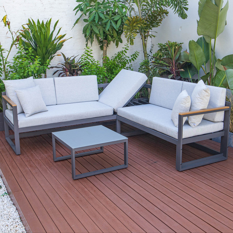 LeisureMod Chelsea Modern Black 3 Piece Outdoor Aluminum Sectional Set for Patio, Light Gray