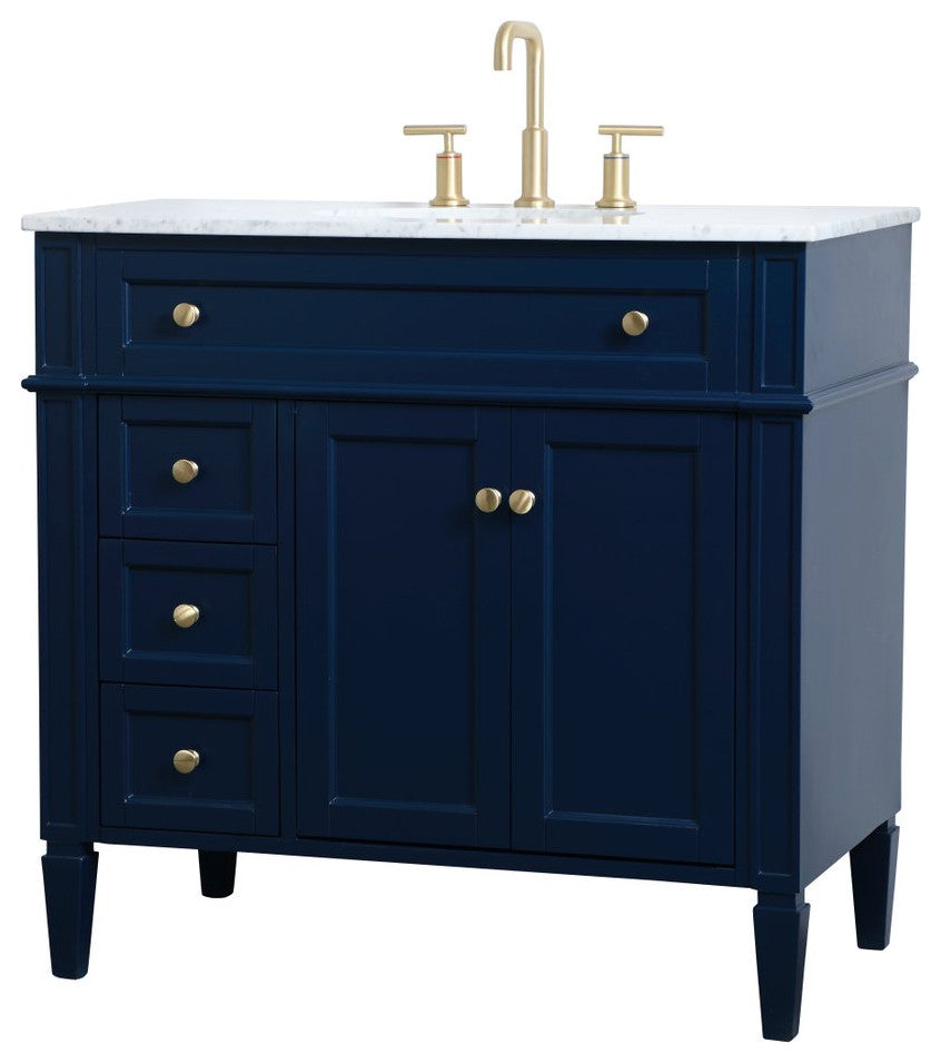 Home Living Vanity with Carrara White Marble Countertop, Blue, 36", Single Sink