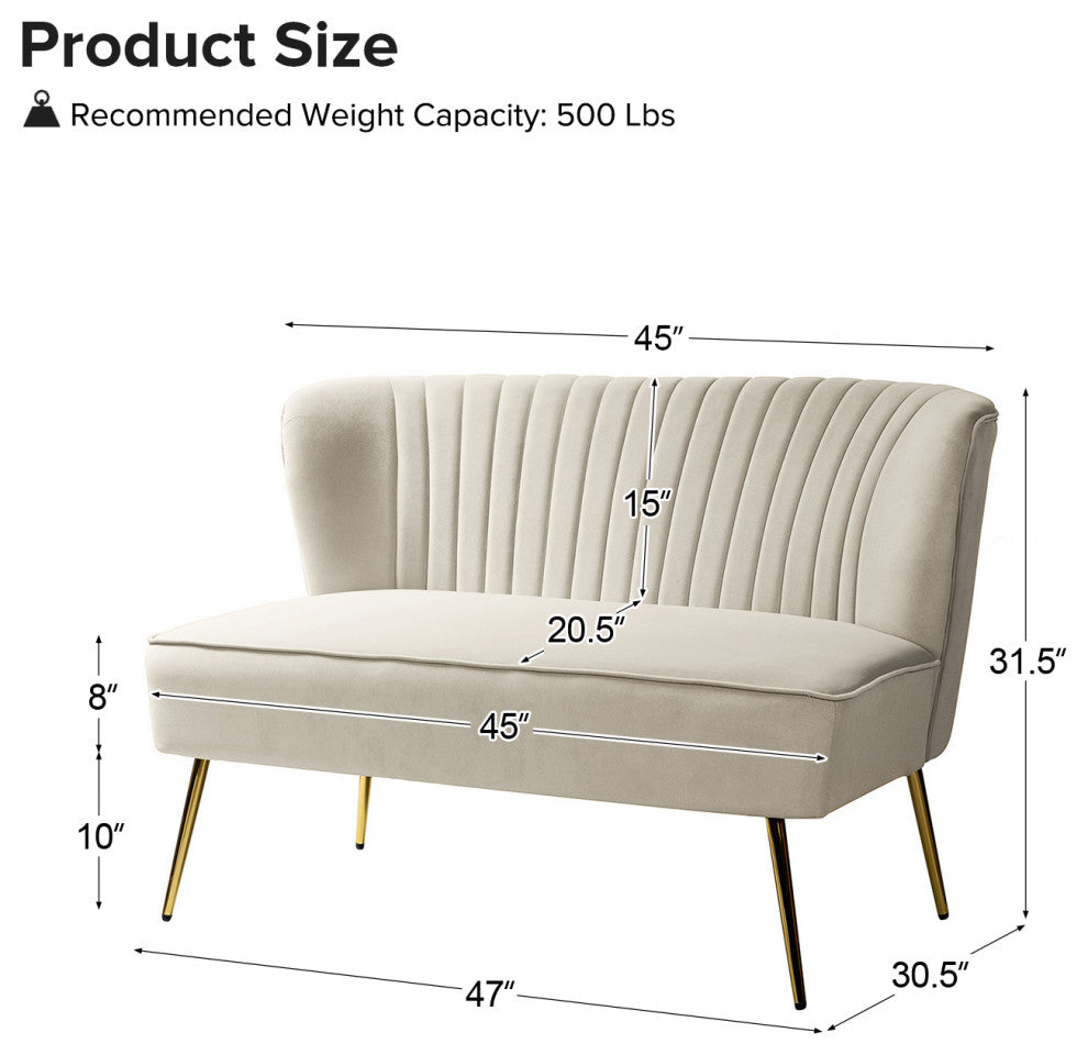 Velvet Tufted Loveseat Sofa With Golden Base, Tan