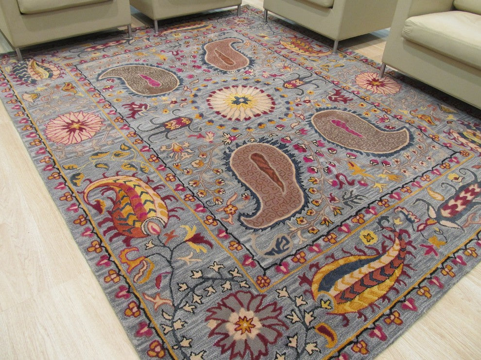 EORC Hand-tufted Wool Blue Transitional Floral Paisley Rug, Round 6''