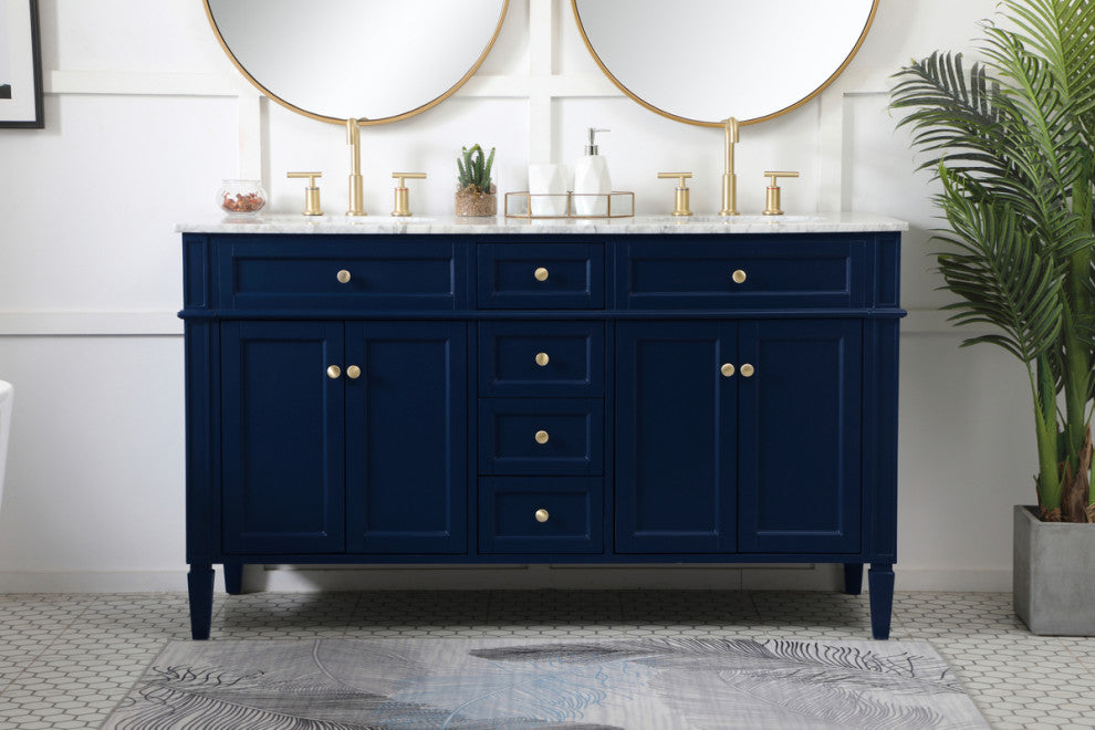 Home Living Vanity with Carrara White Marble Countertop, Blue, 60", Double Sink