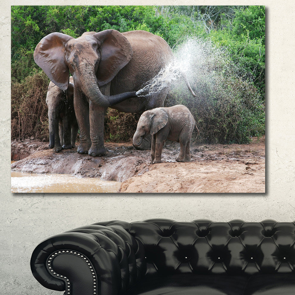 Elephant Spraying Water, African Canvas Art Print, 40"x30"