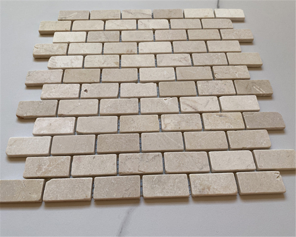 Tumbled Crema Marfil Marble 1x2 Brick Subway Antique Mosaic Tile, 1 sheet