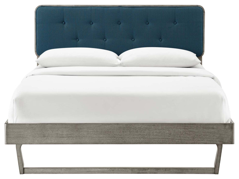 Platform Bed Frame, Queen Size, Fabric, Wood, Gray Navy Blue, Modern