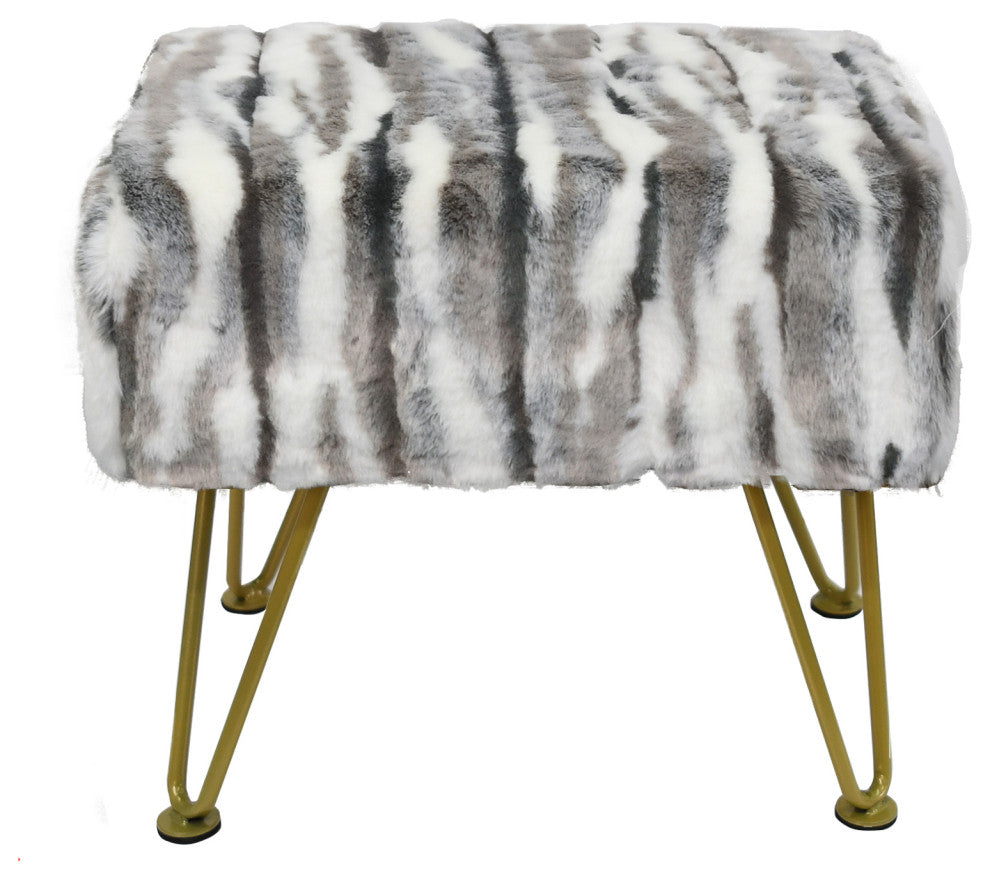 Multi Jacquard Faux Fur Ottoman, Grey, 19"x13"x7"
