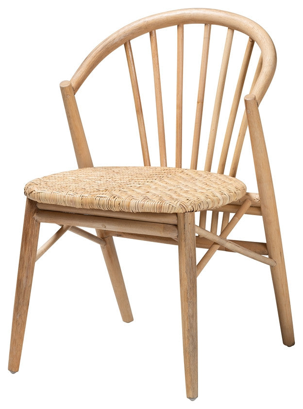 Mid-Century Modern Natural Brown Finished Wood and Rattan Dining Chair