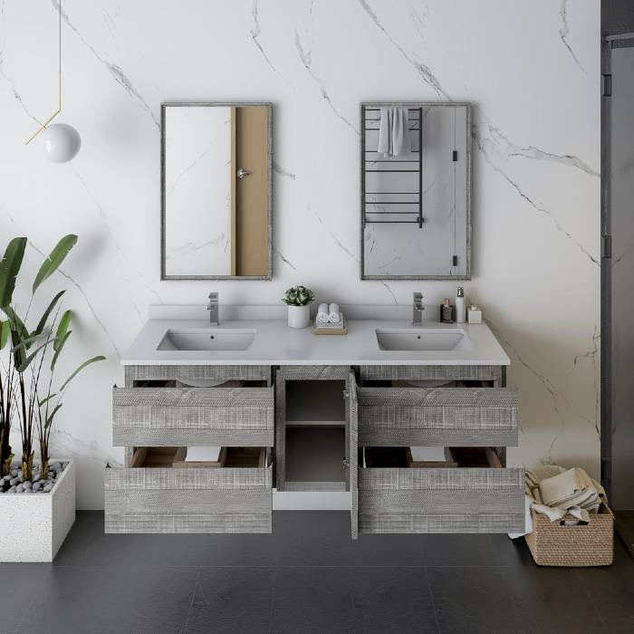 Fresca Formosa 60" Ash Wall Hung Double Sink Modern Vanity Set, Faucet Fft3071bn