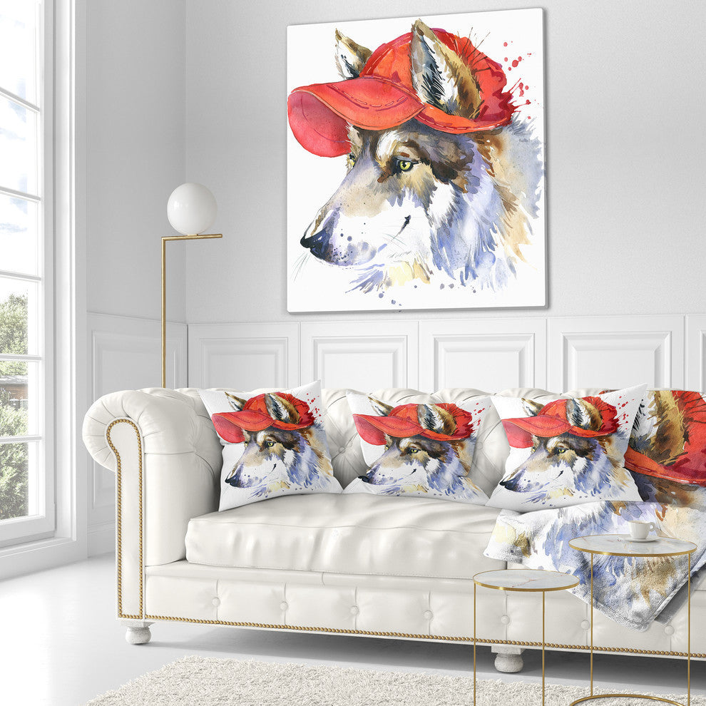 Wolf With Red Cap Illustration Animal Throw Pillow, 18"x18"