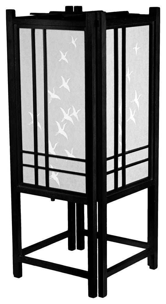 18" Cranes Shoji Lamp, Black With White Cranes
