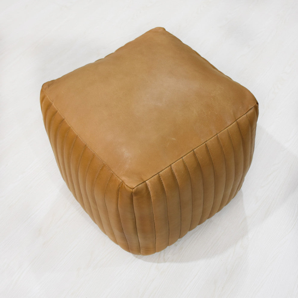 Poufs-Solid Handmade Goat Leather Pouf, Recycled Cotton Fill, Beige, 14x14x14 Square.