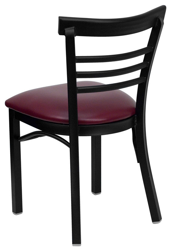 Black Ladder Back Metal Restaurant Chair, Burgundy Vinyl Seat