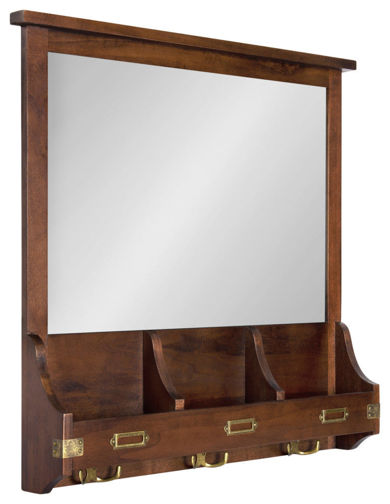 Stallard Wood Wall Mirror with Hooks, Walnut Brown 24x24