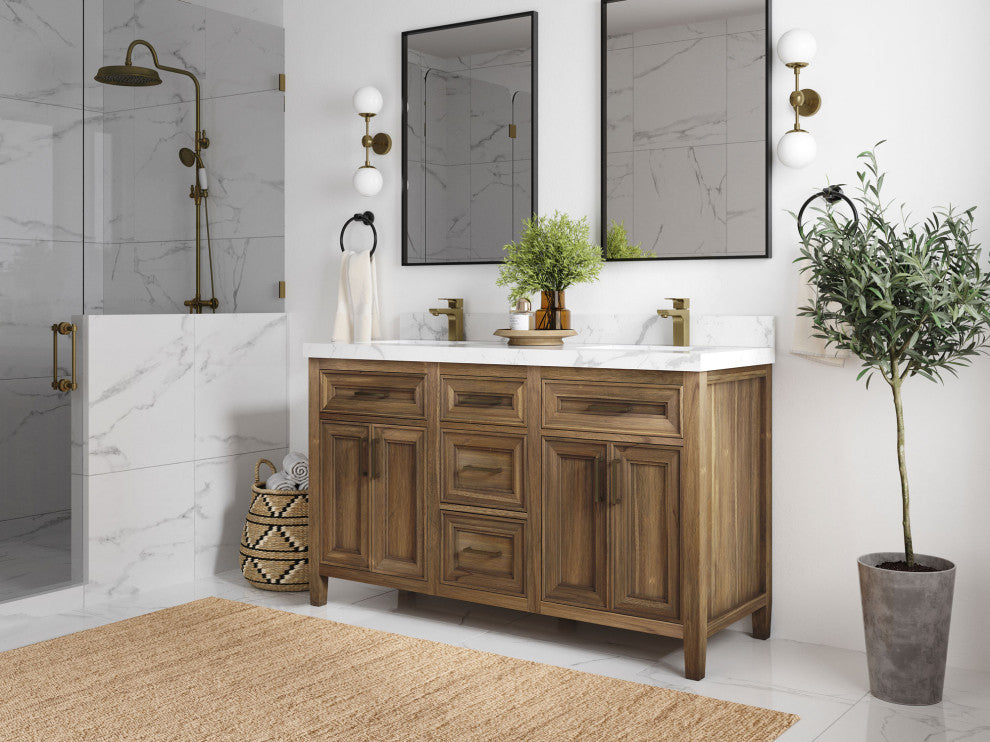 Santa Monica 60 Double Sink Bathroom Vanity in Graywashed Teak 2" Piatra Gray