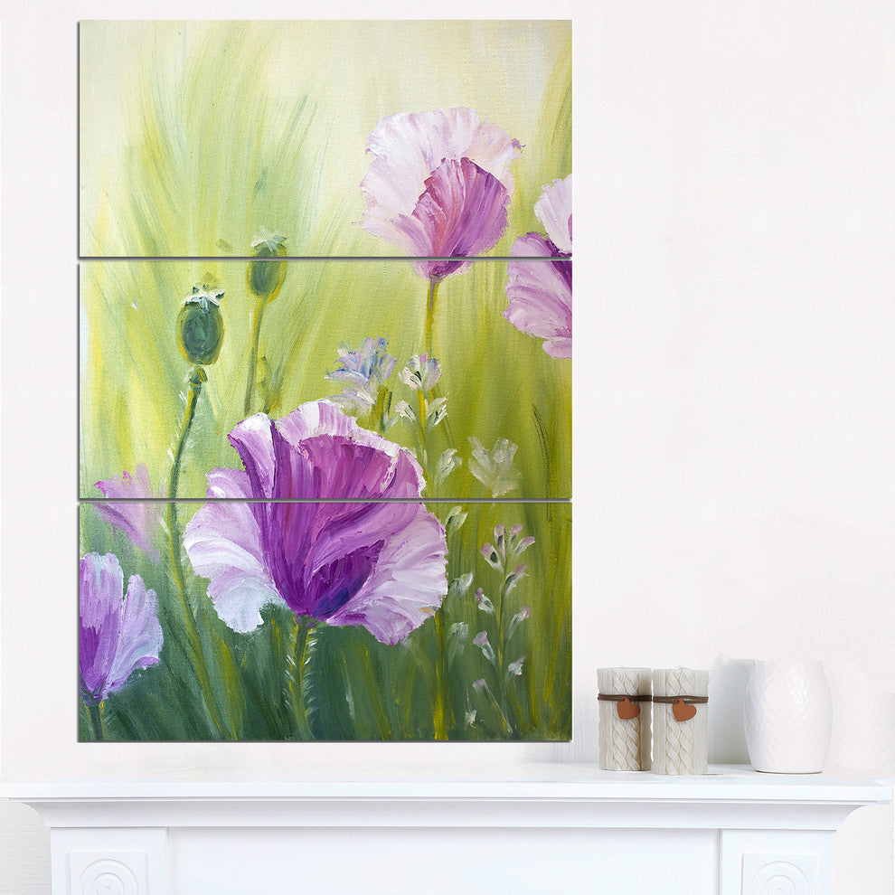 "Purple Poppies in Morning" Glossy Metal Wall Art, 3 Panels, 28"x36"