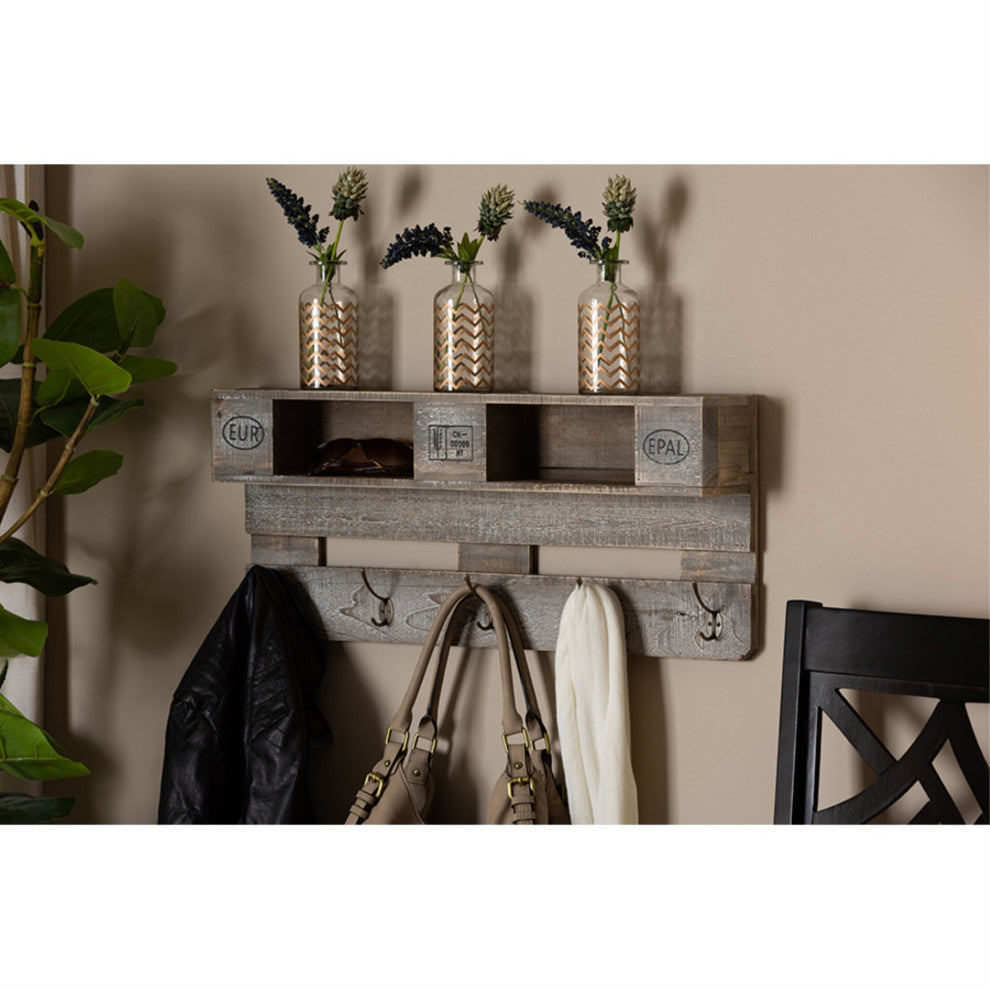 Ferguson Whitewashed Gray Oak Finished Wood Wall Mounted Coat Rack With Shelves