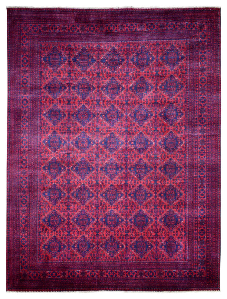 Deep and Saturated Red, Hand Knotted Afghan Khamyab Pure Wool Rug, 9'7"x12'9"