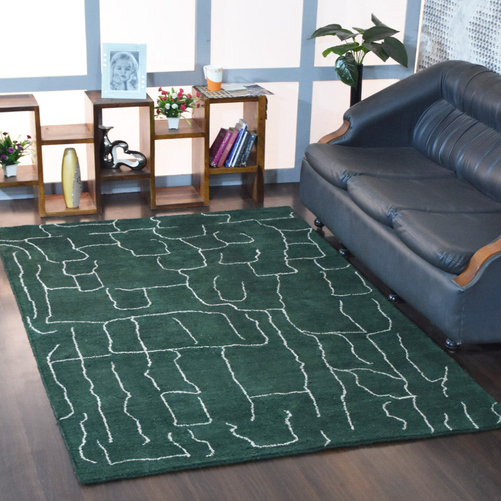 HAND KNOTTED LOOM SILK AREA RUGS-6'x9',Rectangle,Dark Green White,Contemporary