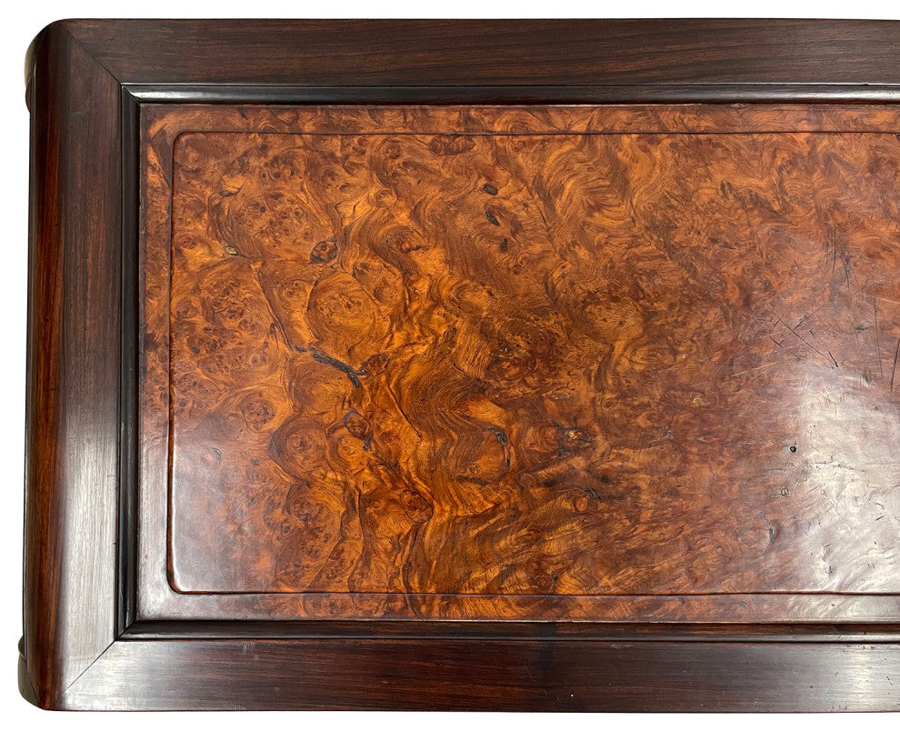Consigned Antique Chinese Rosewood Carved Coffee Table with Burl Wood Top