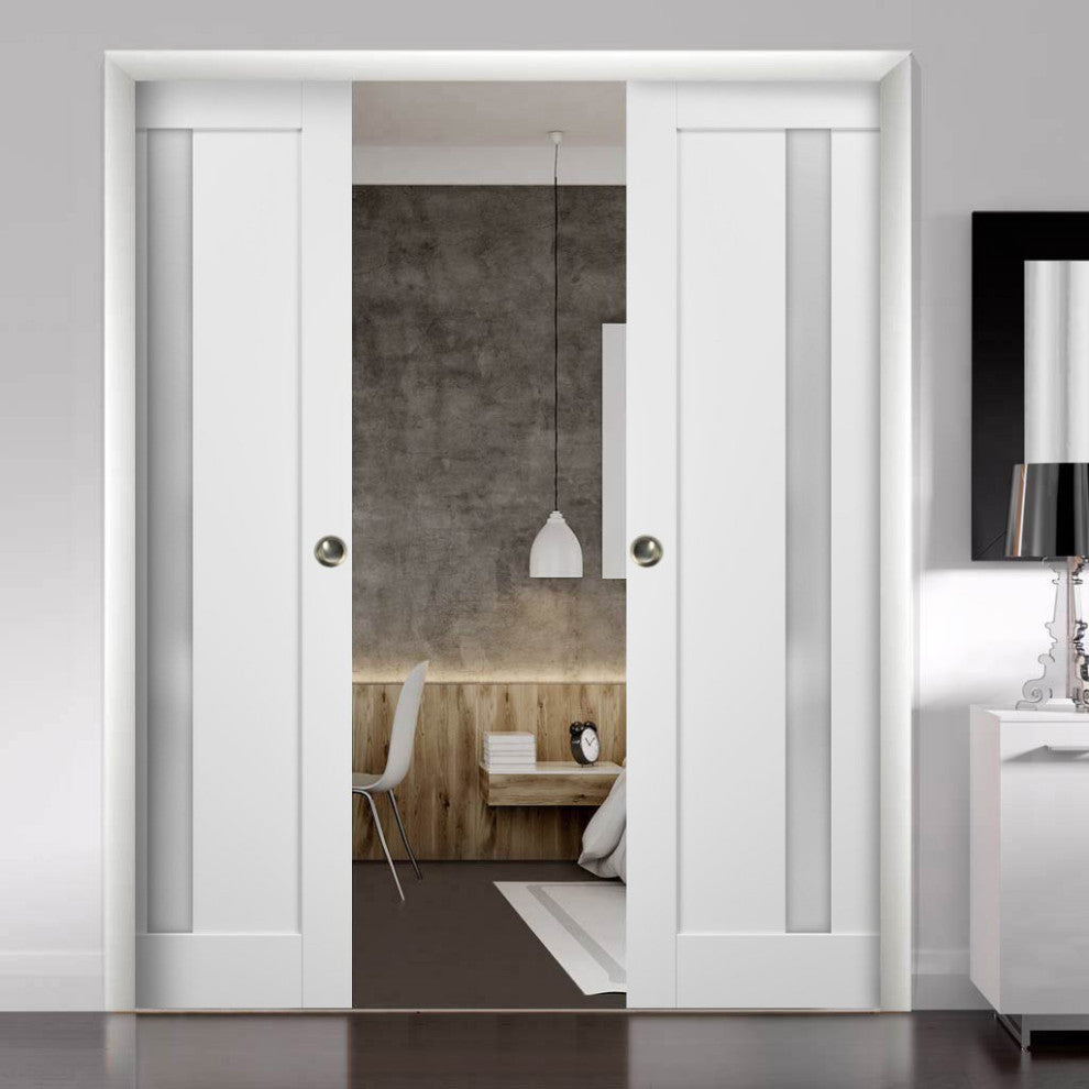 Double Pocket Doors 60x84|Frames|Quadro 4112 White Silk|Frosted Opaque Glass
