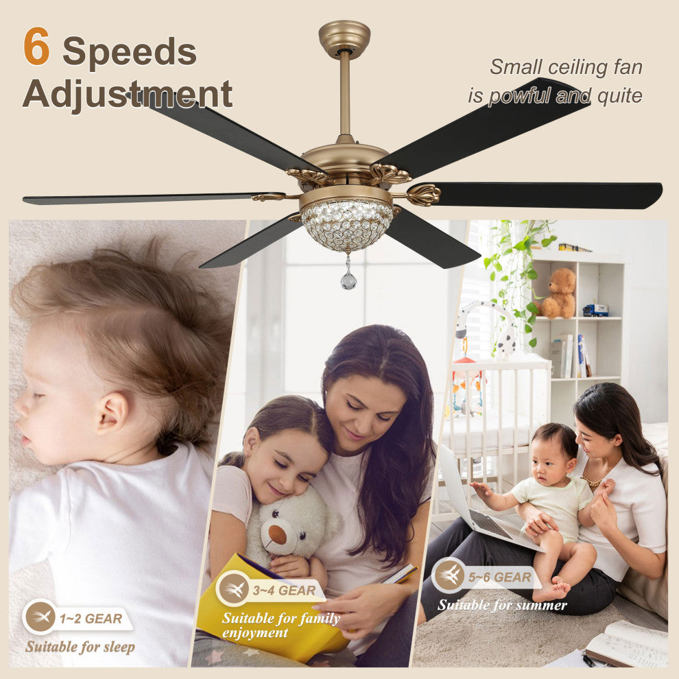 65" Modern Crystal Ceiling Fan with Dimmable LED Light and Remote, Black