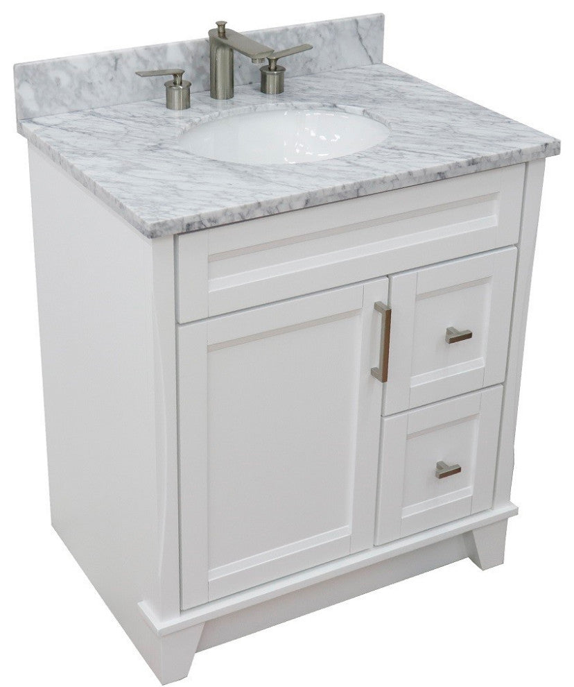 31" Single Sink Vanity, White Finish With White Carrara Marble With Oval Sink