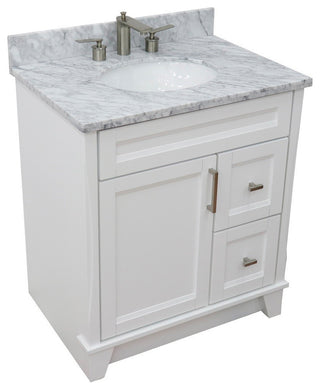31" Single Sink Vanity, White Finish With White Carrara Marble With Oval Sink