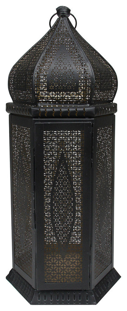 21.25" Black and Gold Middle Eastern Style Cut-Out Pillar Candle Lantern