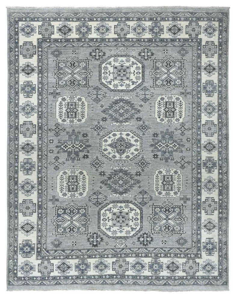 Gray Pure Wool Handknotted Peshawar With Karajeh Design Oriental Rug,8'0"x10'0"